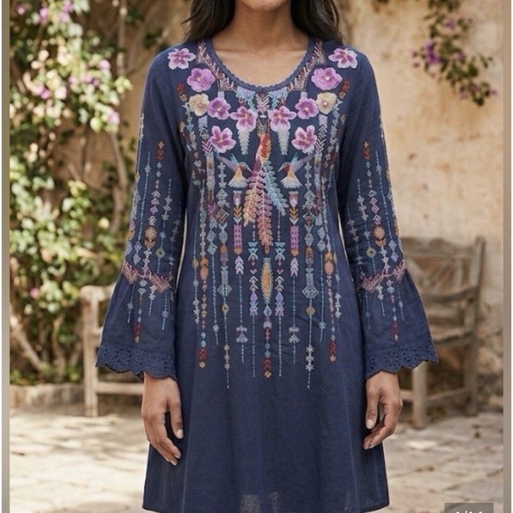 Johnny Was Dress Tunic Flare Sleeve Heavily Embroidered XXL Hummingbird NWOT